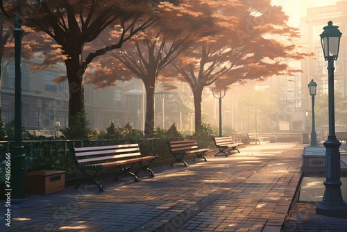 A serene view of an empty park with a bench and a fountain in a muted color scheme