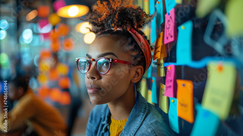 A woman wearing glasses and a red bandana is looking at a wall covered in colorful sticky notes