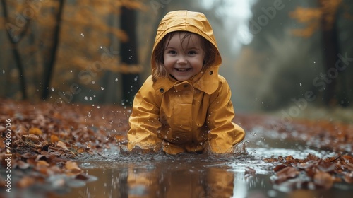 Child in yellow raincoat playing joyfully in woodland puddle after rain shower on autumn day