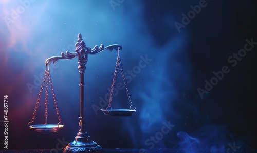  a balance scale against a dark blue background with smoke or fog. The scale represents the concept of justice, law, and fairness