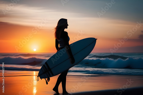 Girl with surfboard standing on the seashore at sunset