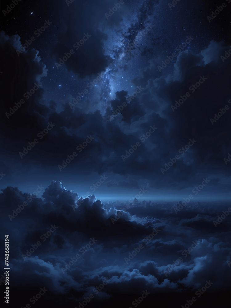 A breathtaking view of the celestial stars shining through gaps in the dark storm clouds, Dark Blue Background Mysterious Night Sky with Desolate Atmosphere