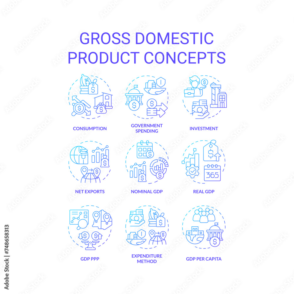 Gross domestic product blue gradient concept icons. National economic. Government spending. Goods and services. Icon pack. Vector images. Round shape illustrations for brochure, booklet. Abstract idea