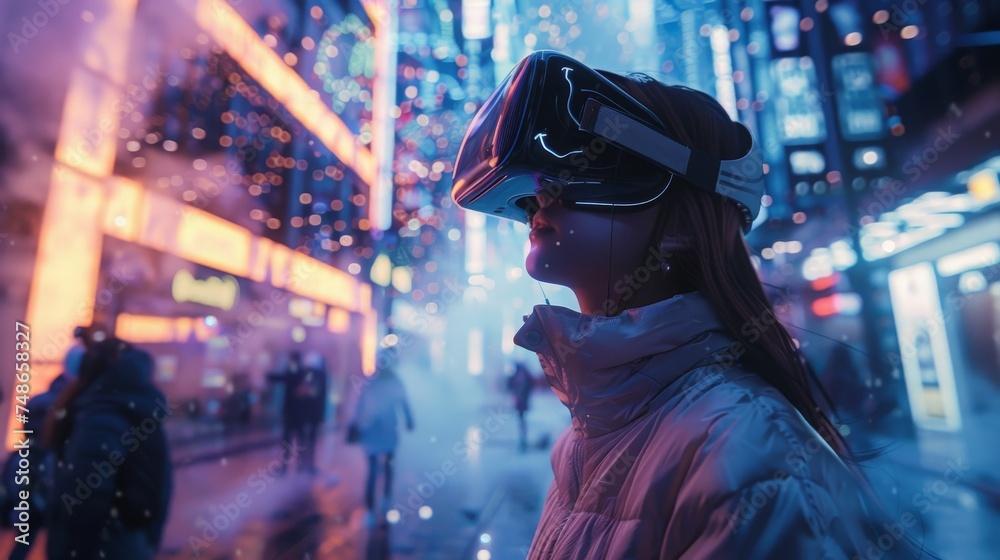 A woman wearing a virtual reality headset is immersed in a digital world while standing on a bustling city street.