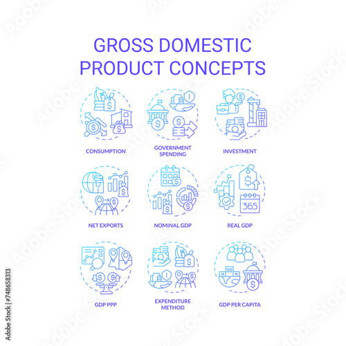 Gross domestic product blue gradient concept icons. National economic. Government spending. Goods and services. Icon pack. Vector images. Round shape illustrations for brochure, booklet. Abstract idea