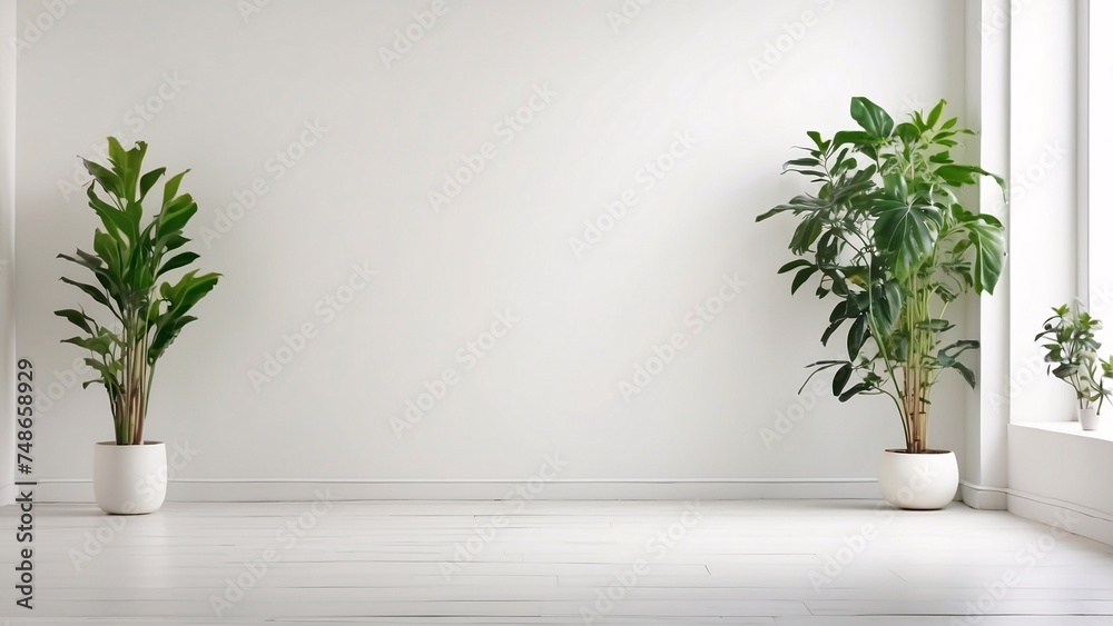 Empty room with white wall and plants on the floor.