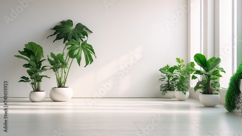 Empty room with white wall and plants on the floor.