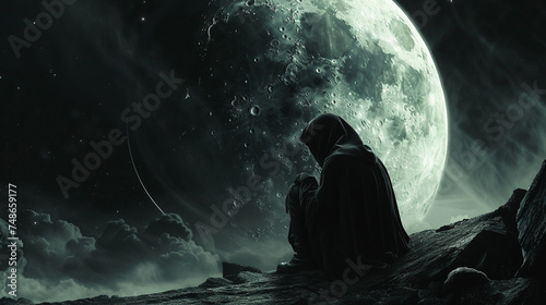 Cloaked Figure Contemplating a Giant Moon , A cloaked figure is seated on a rocky terrain, gazing at a massive moon dominating the night sky, in a scene filled with mystery and wonder