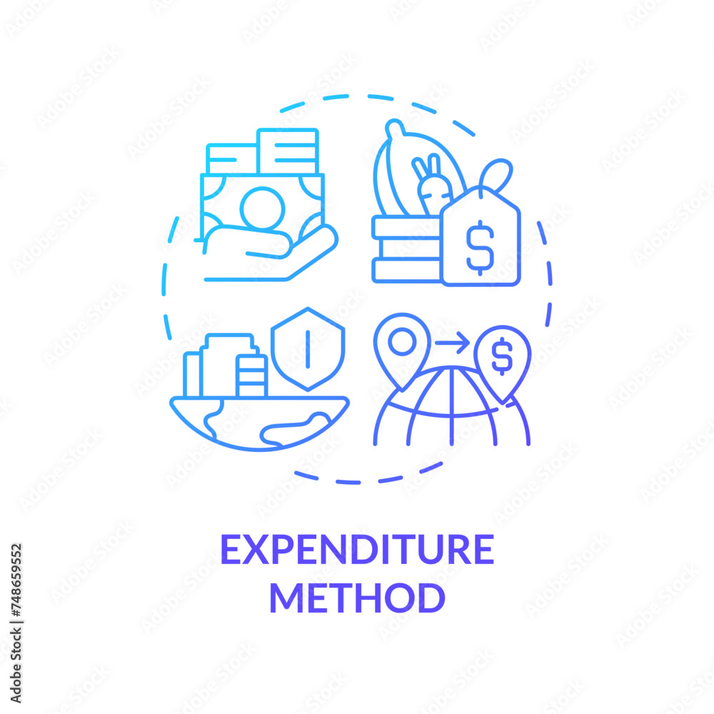Expenditure method blue gradient concept icon. Gdp calculating. National economics. Geopolitical finances. Round shape line illustration. Abstract idea. Graphic design. Easy to use in brochure Expenditure method blue gradient concept icon. Gdp calculating. National economics. Geopolitical finances. Round shape line illustration. Abstract idea. Graphic design. Easy to use in brochure