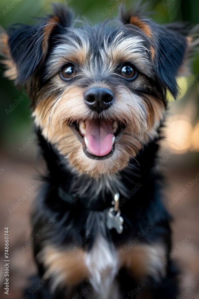 Portrait of a happy beautiful black dog or puppy on nature Portrait of a happy beautiful black dog or puppy on nature