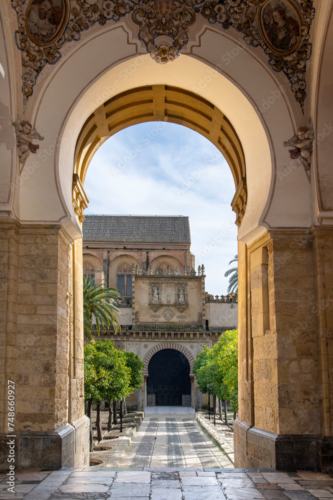 View from under one of the entrance gates of the Mosque–Cathedral of Cordoba, Andalusia, Spain with view on cobblestone black and white footpath in patio de los naranjos (orange trees) View from under one of the entrance gates of the Mosque–Cathedral of Cordoba, Andalusia, Spain with view on cobblestone black and white footpath in patio de los naranjos (orange trees)