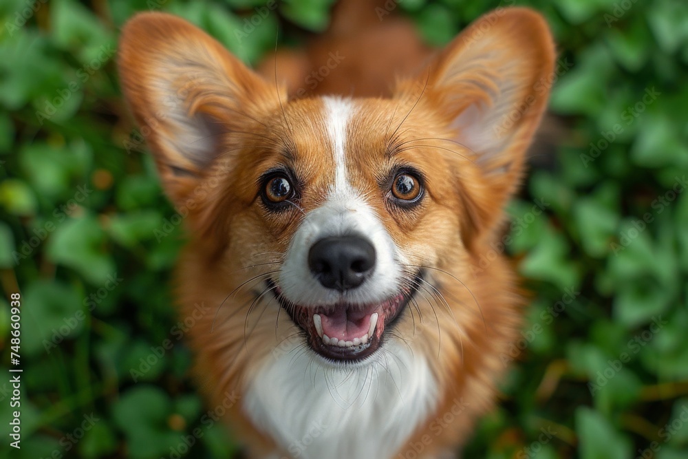 Top view happy beautiful domestic dog and Welsh Corgi Cardigan puppy