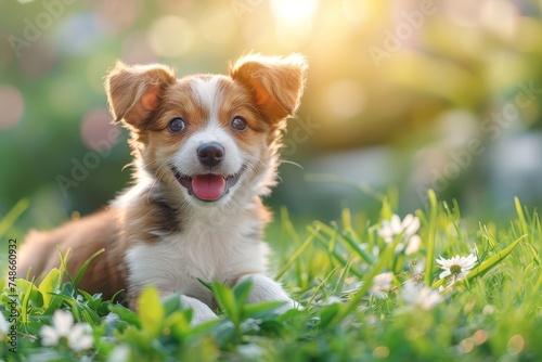 Cheerful cute happy puppy on the grass in the park close-up