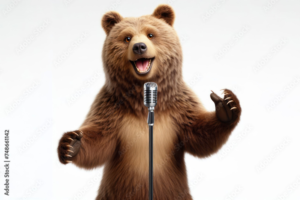 Fototapeta premium Singing bear isolated on white background. ai generative