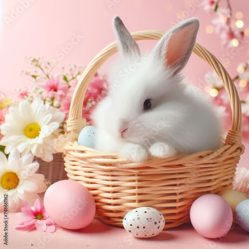 A fluffy white bunny sits in a basket beside pastel-colored Easter eggs. This tender scene captures the innocence and charm of the Easter holiday.