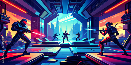 Futuristic Multiplayer Battle in Neon Virtual Arena, Gaming Scene with Futuristic Weapons and Neon Lights