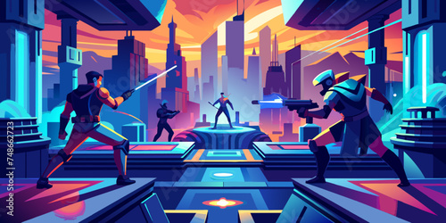 Futuristic Multiplayer Battle in Neon Virtual Arena, Gaming Scene with Futuristic Weapons and Neon Lights