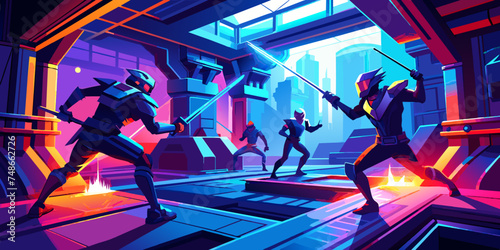 Futuristic Multiplayer Battle in Neon Virtual Arena, Gaming Scene with Futuristic Weapons and Neon Lights