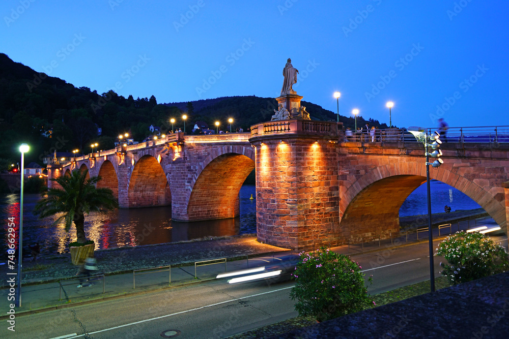 The old bridge Alte Brucke across the river Neckar in the old german city Heidelberg. Monkey bridge.