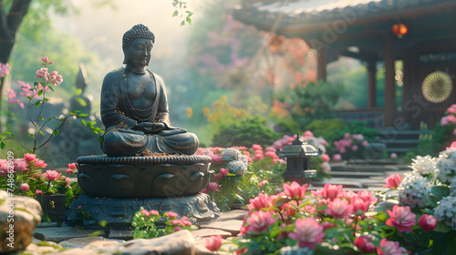 statue of buddha in floral garden  photo