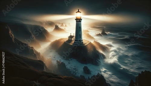 Beacon of Stability: Majestic lighthouse against stormy seas