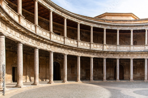  View from courtyard of the Palace of Charles V inside the Alhambra palace, Granada, Spain a former Nasrid palace complex and now the Alhambra Museum and Fine Arts Museum of Granada