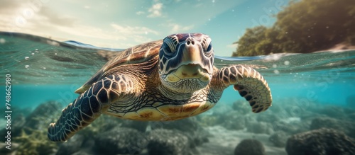 portrait of a turtle under sea water