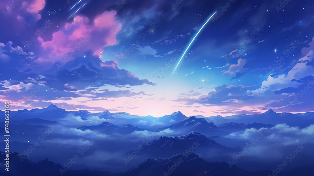 Heavenly star falls: a captivating anime sky wallpaper with glowing stars and planets in a digital art style