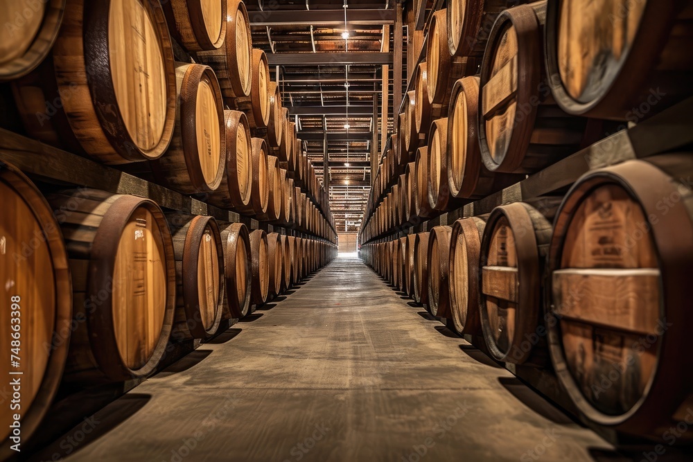 Wine barrels in the cellar of the winery. Wine industry