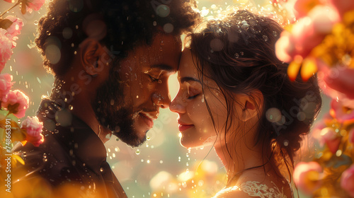 Intimate moment in magical rainfall: celebration of love
