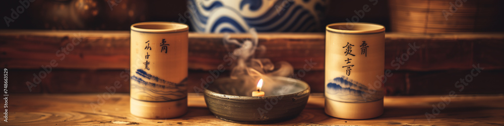 Serene tea ceremony setup with incense - obrazy, fototapety, plakaty 
