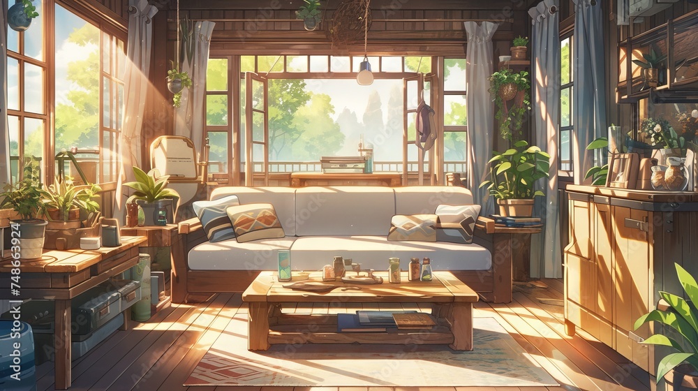 Fototapeta premium Cozy and stylish grey attic living room with sofa and plants, anime-style illustration with bright light effects
