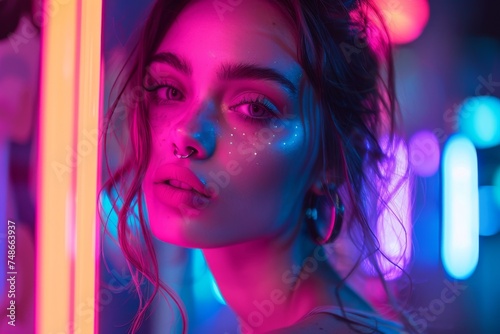 A dreamy portrait of a woman with glimmering makeup, surrounded by a neon fantasy ambiance.