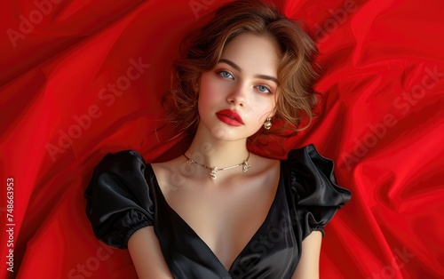Elegant woman in black dress lying on red fabric, with glamorous makeup and hairstyle.