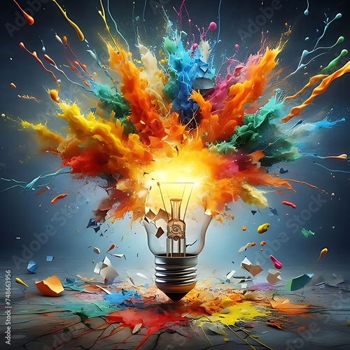 Colourful light bulb explosion in amazing background. 3d rendering ,Generative AI