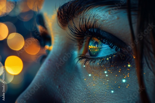 Close-up of an eye with sparkling makeup, capturing the reflected beauty of bokeh lights.