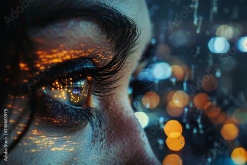 A macro photography of a human eye with vivid orange bokeh lights reflecting on the iris and eyelashes.
