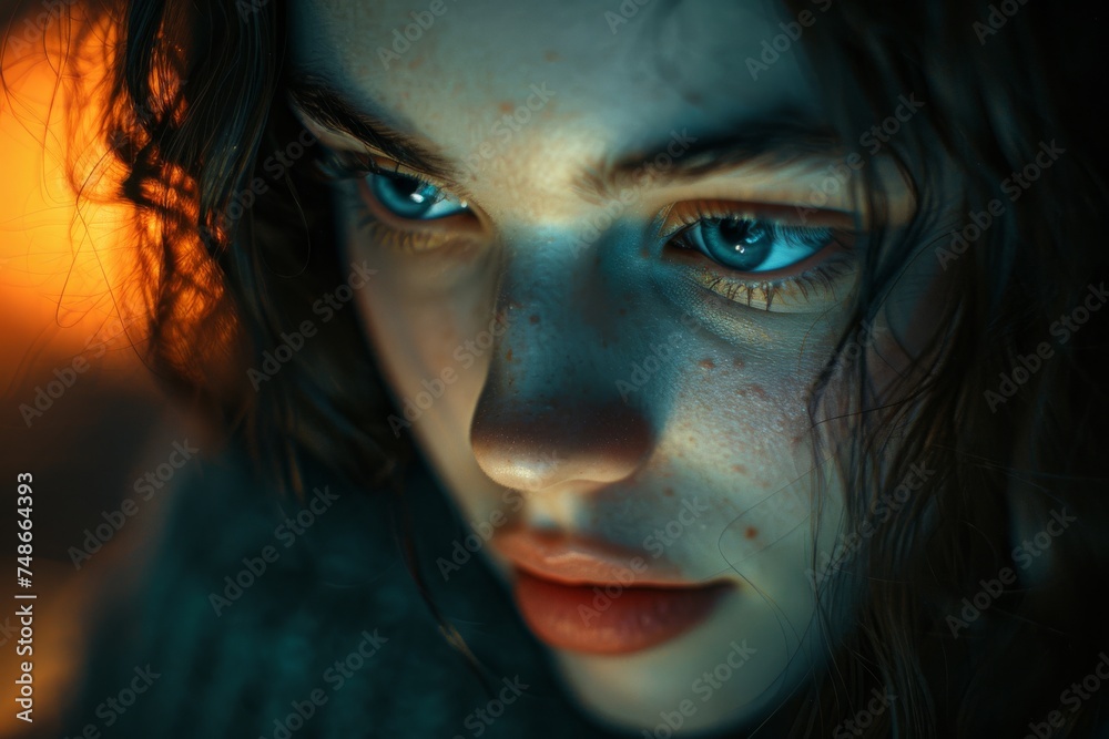 A mesmerizing close-up portrait of a woman with an intense gaze, illuminated by dusk light. A mesmerizing close-up portrait of a woman with an intense gaze, illuminated by dusk light.