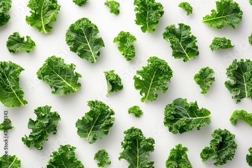 Pattern of fresh green kale leaves arranged in a symmetrical layout on a clean white background top view flat lay concept