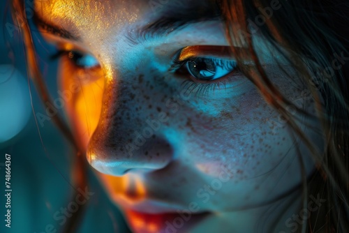 Vivid close-up of a young woman's face, the warm lighting accentuates her freckles and eyes.