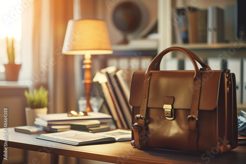A brown leather briefcase rests on a sturdy wooden desk, surrounded by a table lamp, a shoulder bag, a plant, and a picture frame photo