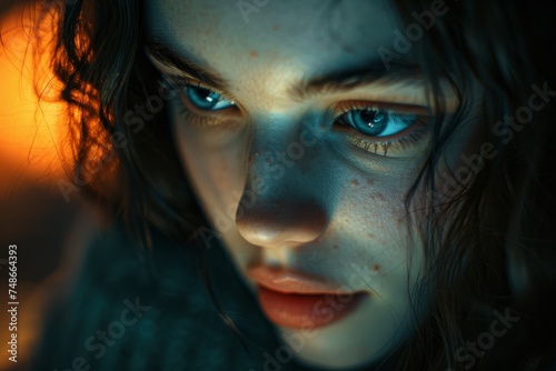 A mesmerizing close-up portrait of a woman with an intense gaze, illuminated by dusk light.