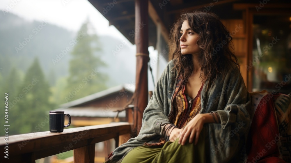 A hipster woman in a blanket sits on the porch of a wooden house on a rainy, foggy day against the background of a forest in the mountains. Nature, Travel, Hiking, Picnic, Lifestyle, Summer concepts.
