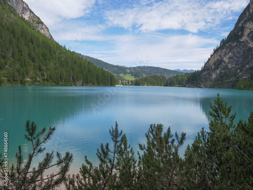 Fototapeta Naklejka Na Ścianę i Meble -  Scenic Braies Lake in Italian Alps Mountains, Italy