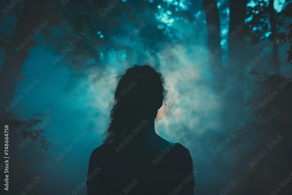 The silhouette of a woman is shrouded in mystery, set against the ethereal backdrop of a misty forest and illuminated smoke.