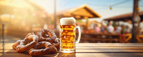 Oktoberfest beer on wooden table with pretzels. photo