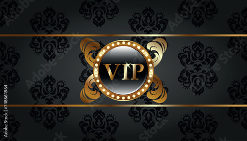 Luxury Black casino background with golden frame and VIP black button with golden diamonds