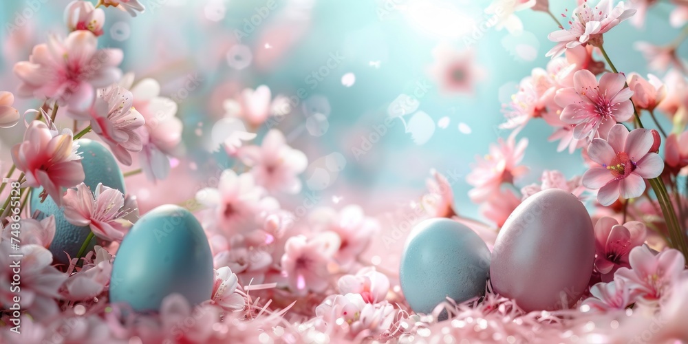 Easter composition pink and blue eggs and spring blossom flowers on pastel background. Banner. Copy space. Greeting card. Close up Easter composition pink and blue eggs and spring blossom flowers on pastel background. Banner. Copy space. Greeting card. Close up