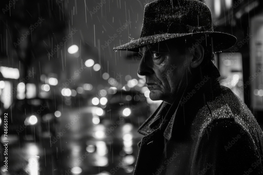 A classic noir scene with a man in a fedora and trench coat, standing in the rain on a city street at night. - obrazy, fototapety, plakaty 