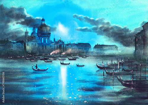 Watercolor picture of Venice canal with gondolas, beautiful venetian palaces at night (This illustration was created without the use of artificial intelligence!) © Мария Тарасова